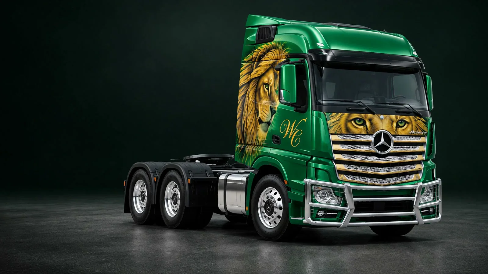 Cinematic visual of the green WC International truck